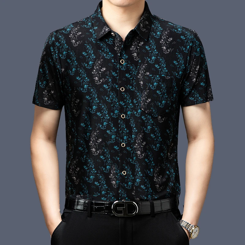 713夏季短袖薄款印花宽松弹力中年男装衬衫高档衬衣男士休闲大码