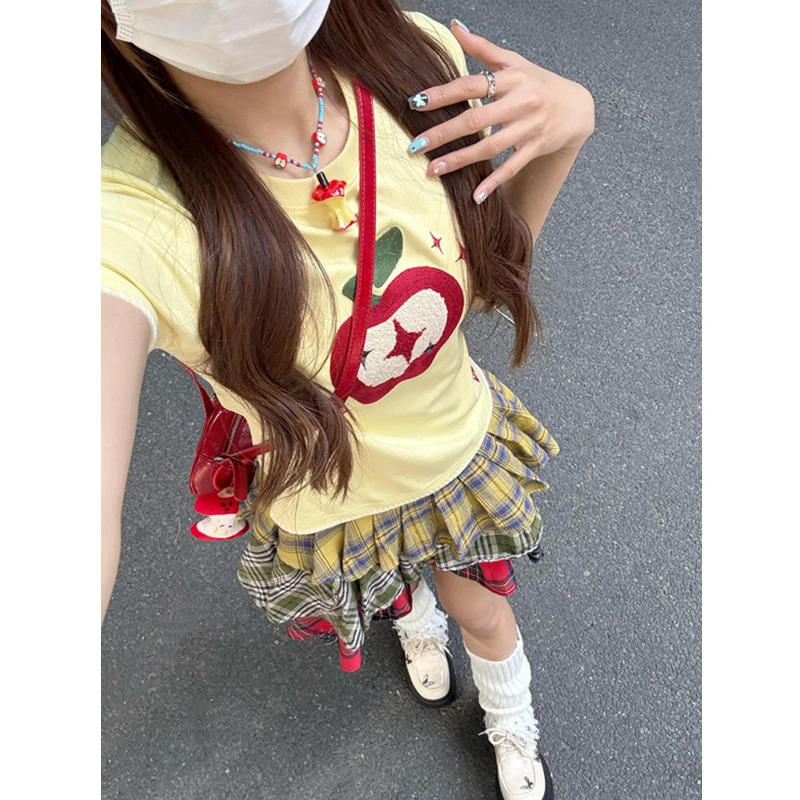 纯棉毛巾刺绣后包领辣妹星星苹果毛巾绣夏季短袖T恤少女学院风