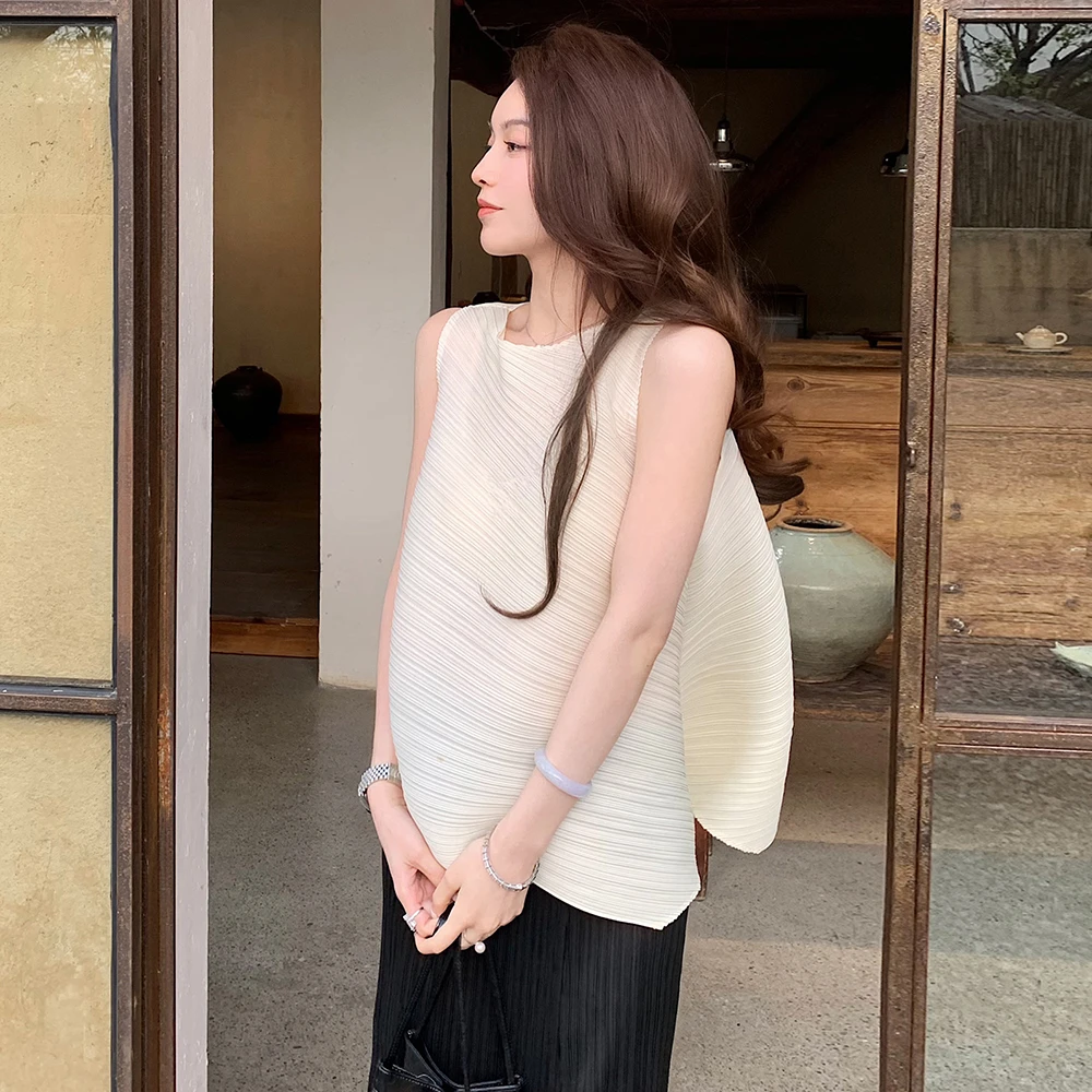 三宅褶皱上衣小众设计感女装不规则A字夏季薄款无袖背心T恤女