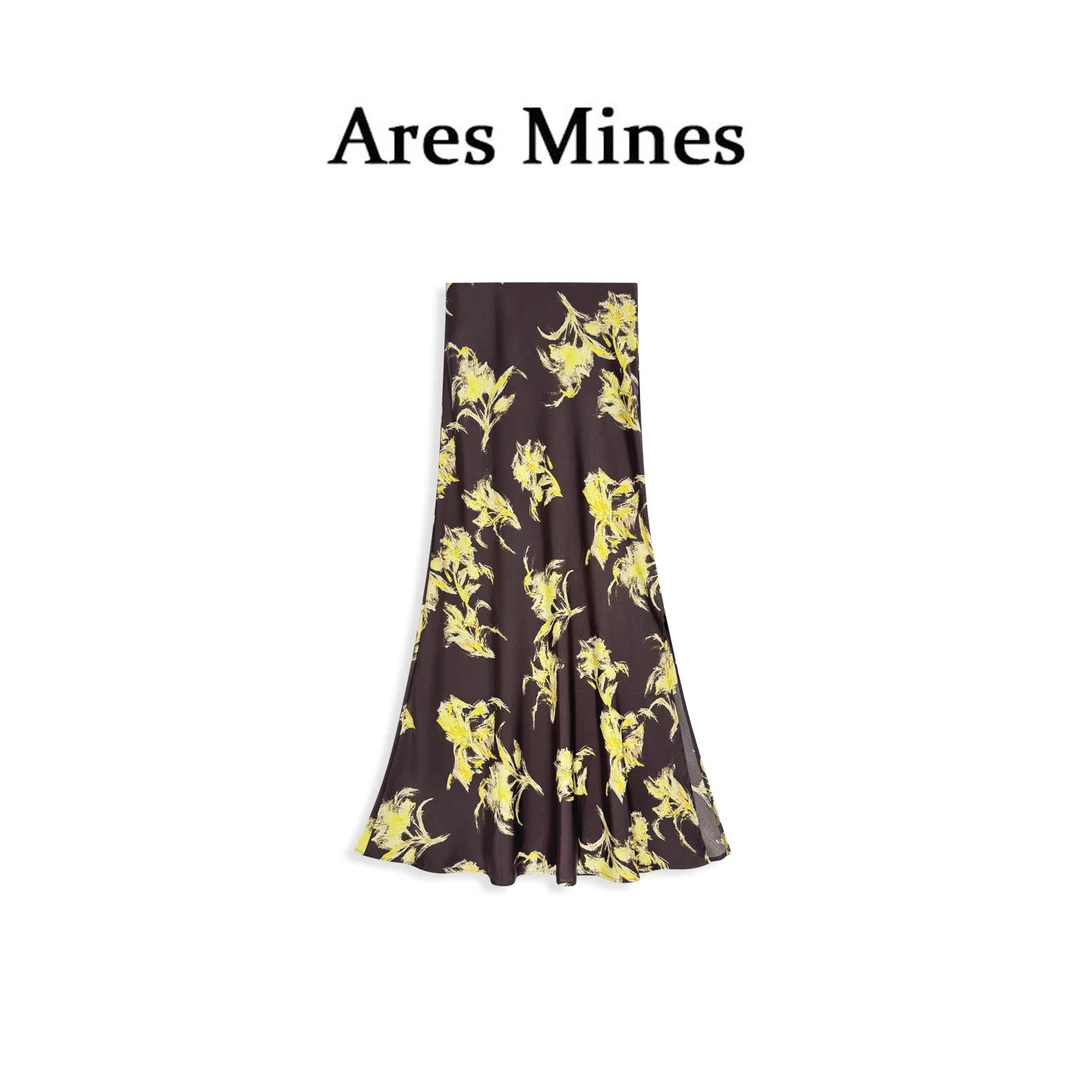 【盛朗熙Ares Mines】鎏金夜宴 复古油画印花开叉A字高腰半身裙