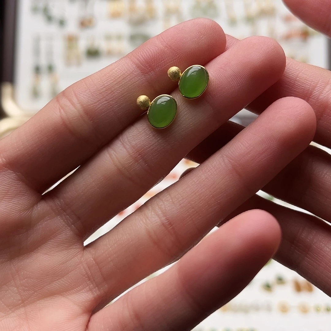 银S925镀金镶嵌和田玉耳钉