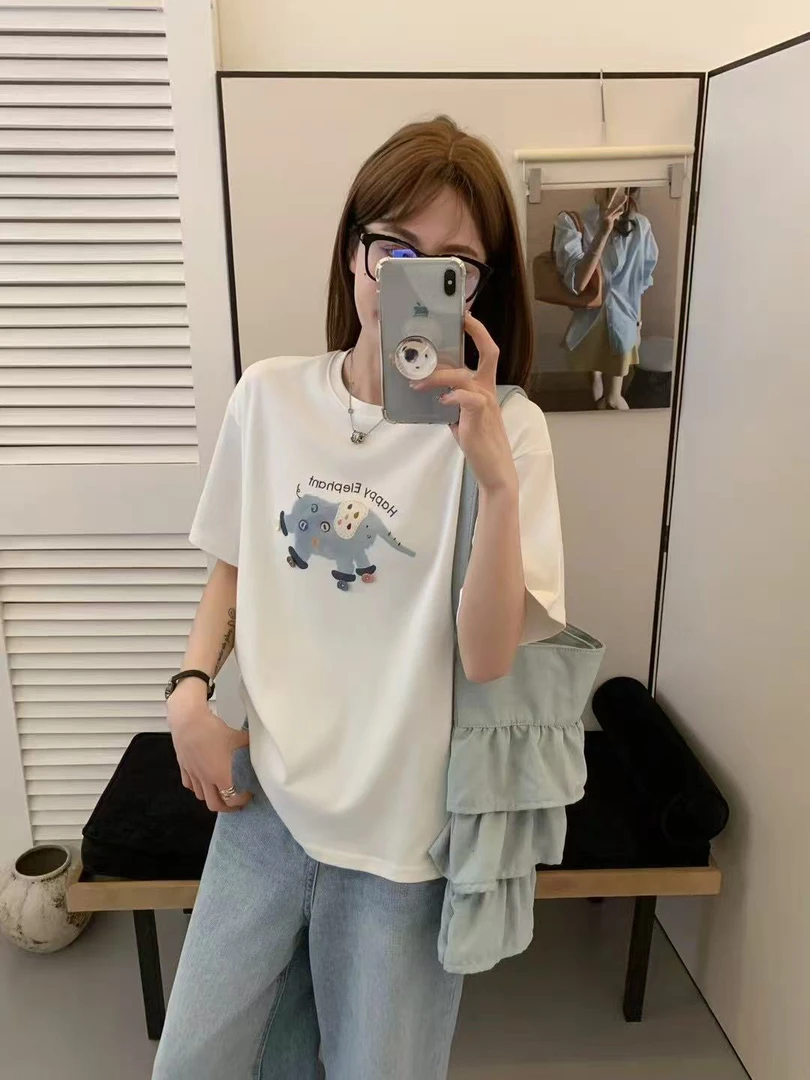 夏季新款小象公仔图案圆领T恤上衣