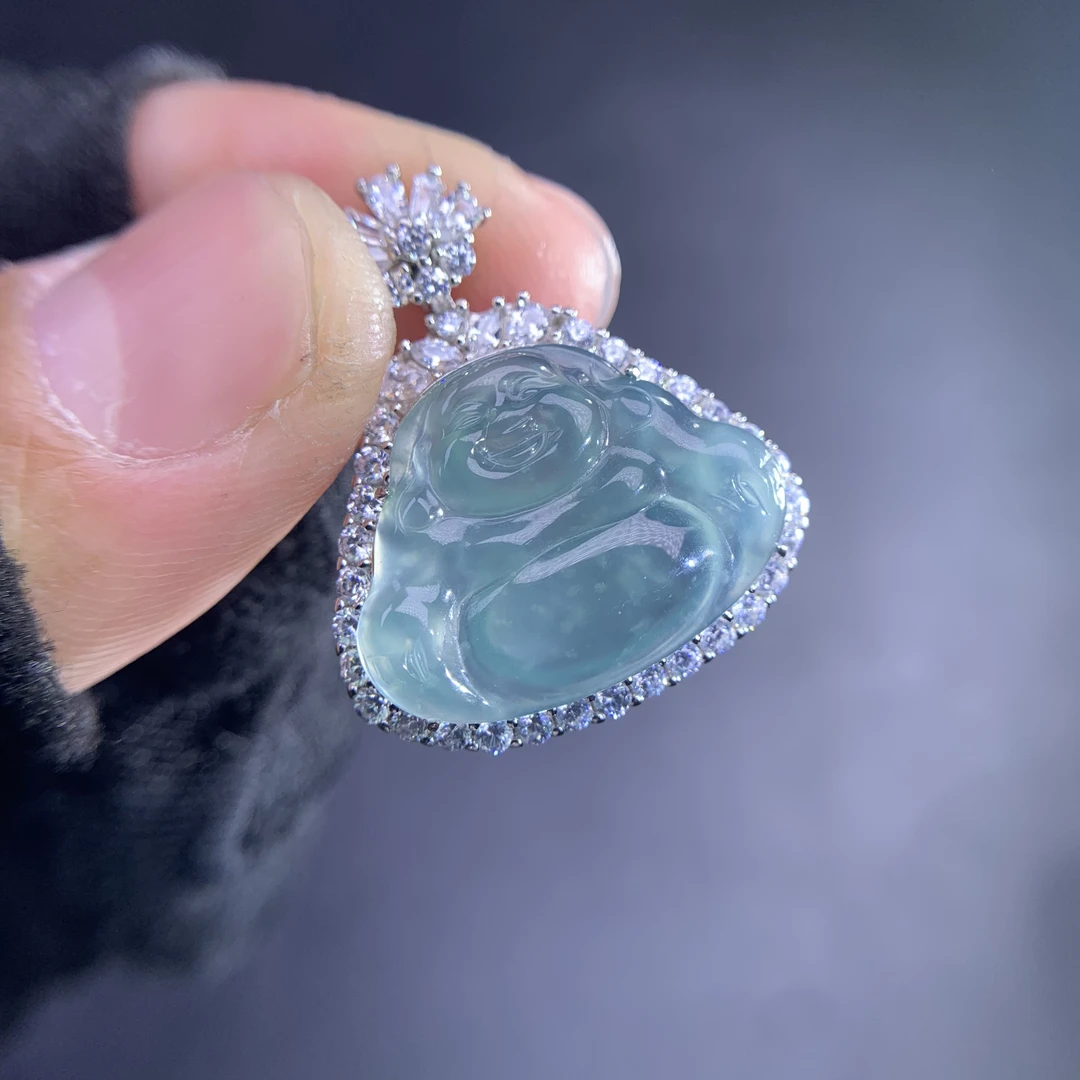 天然A货翡翠S925银镶高冰种佛公50012时尚气质女款吊坠挂坠