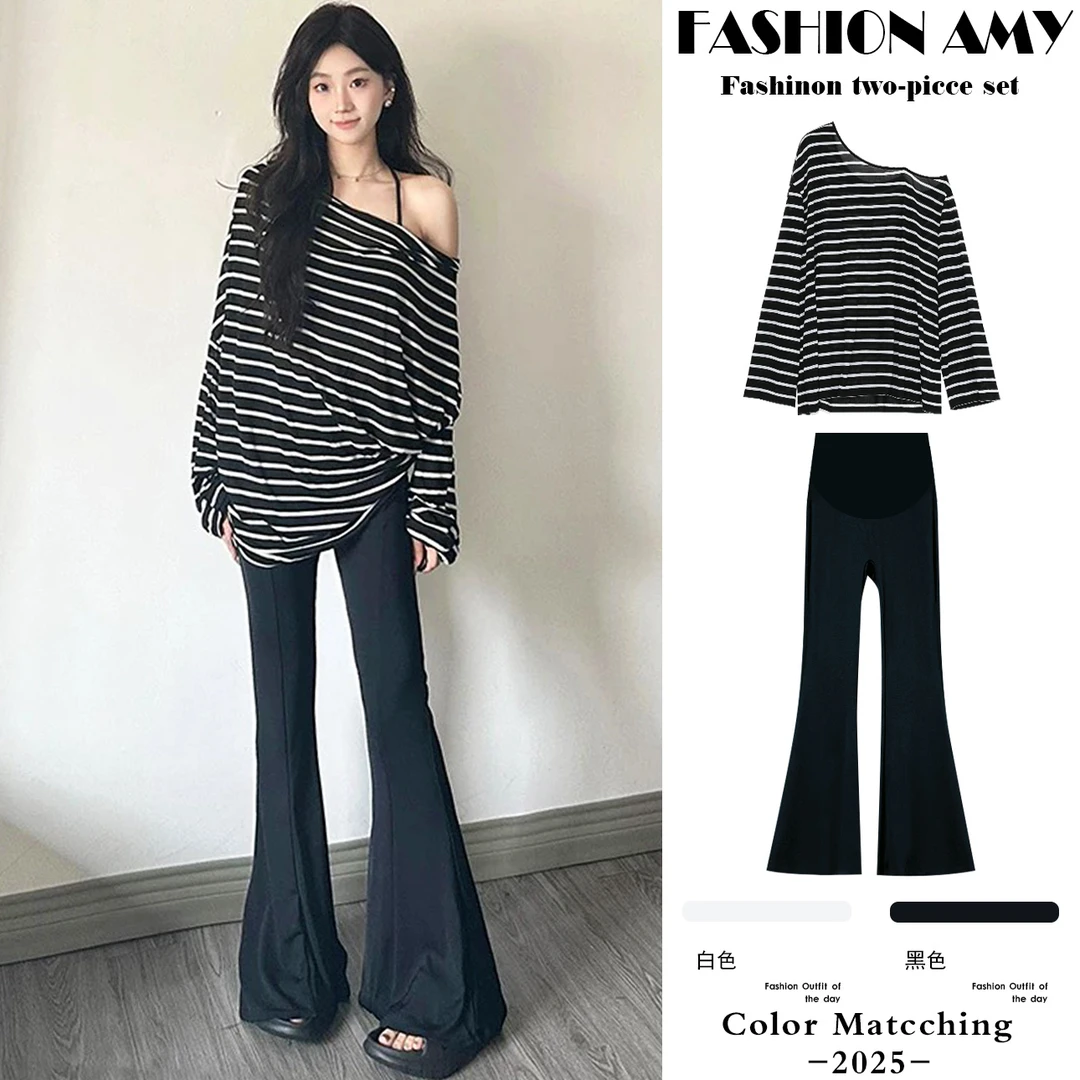 孕妇套装春夏新款时尚韩宽松慵懒风条纹一字肩上衣显瘦喇叭裤子潮