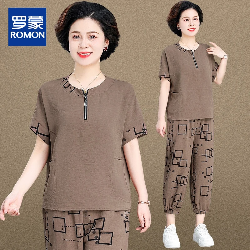 妈妈装中年夏装新款棉麻套装洋气大码两件套中老年短袖T恤女夏