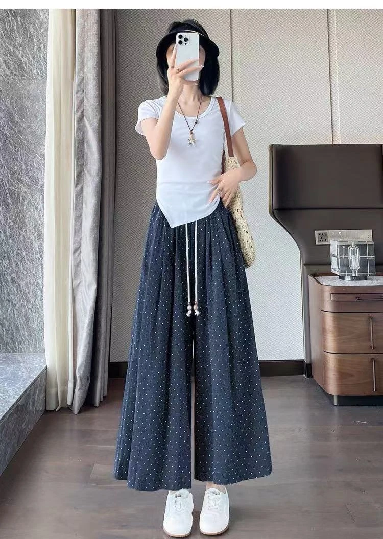 度假风抽绳波点九分休闲阔腿裤（6520）