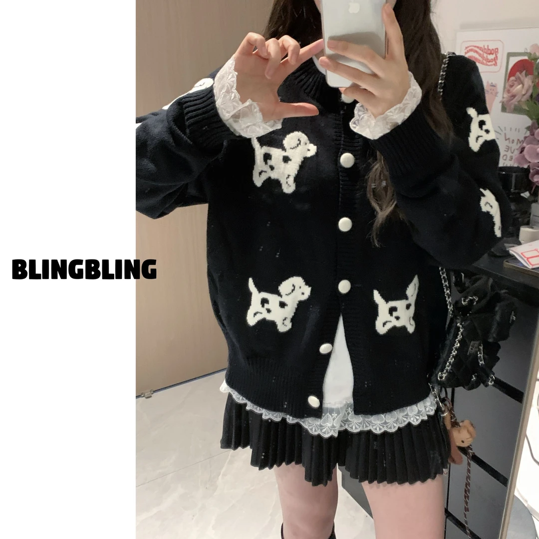 唐不灵微胖《小狗针织衫》秋冬款长袖女短款毛针织百搭复古甜美开衫