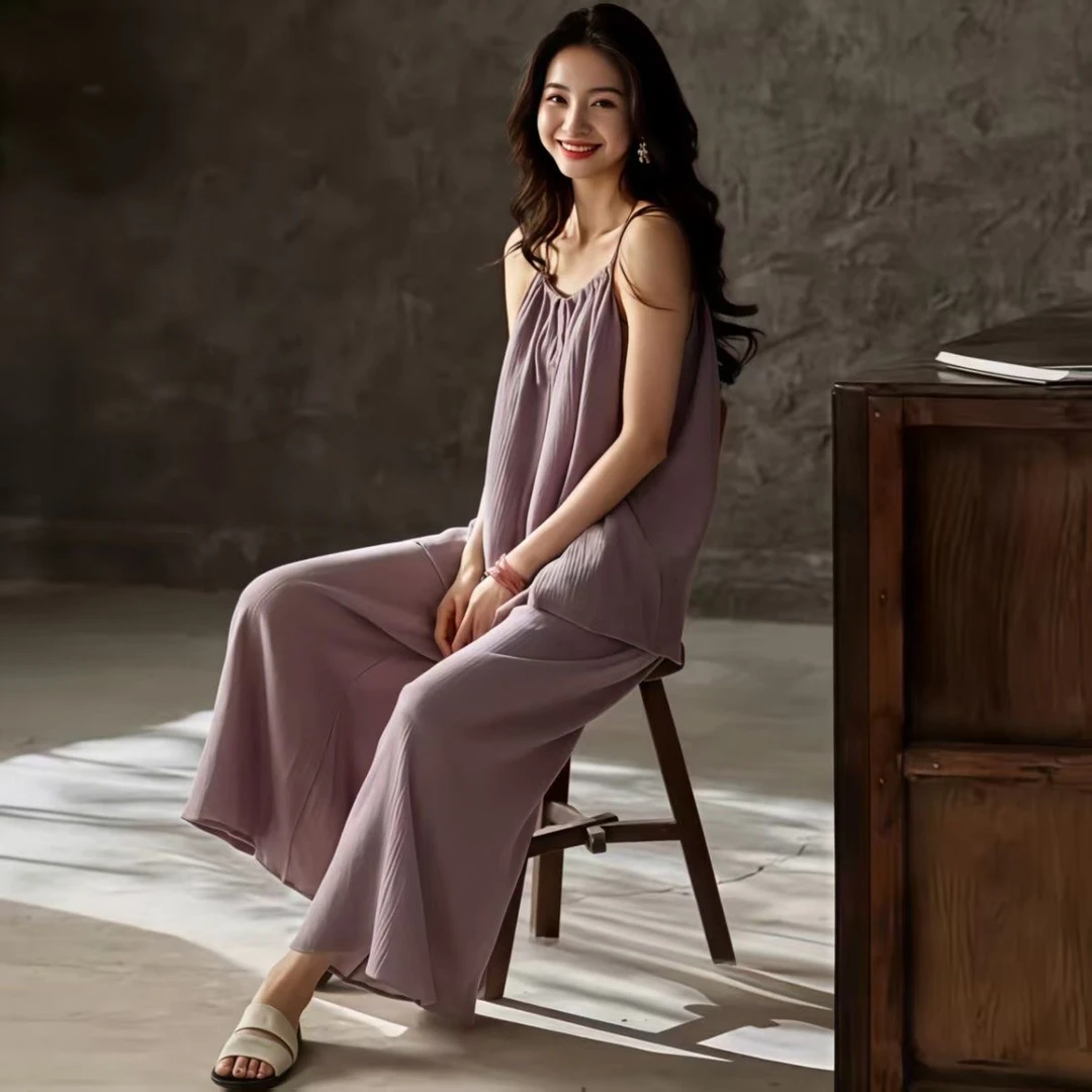 带胸垫吊带长裤少女家居服夏季爆款休闲宽松薄款无袖外穿战袍睡衣