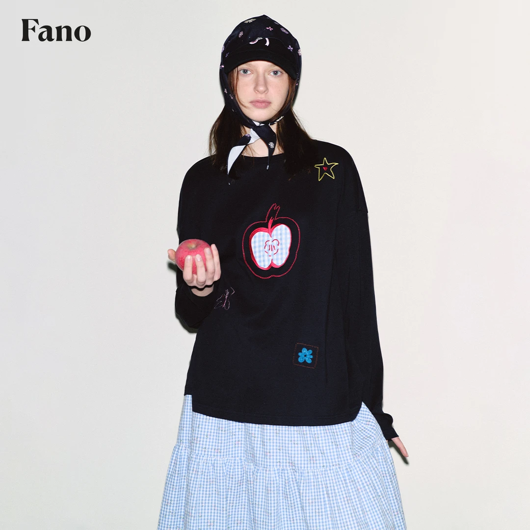 范洛 趣味减龄“手工感补丁 格子贴布绣”长袖T恤FC25S214推广