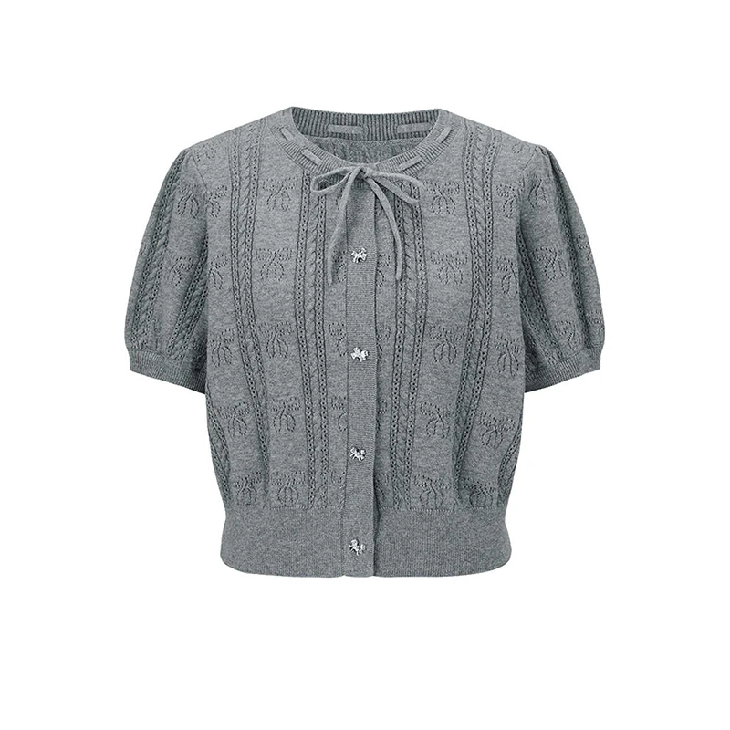 小个子短款正肩直筒独特绝美小上衣女灰色蝴蝶结显瘦针织短袖t恤