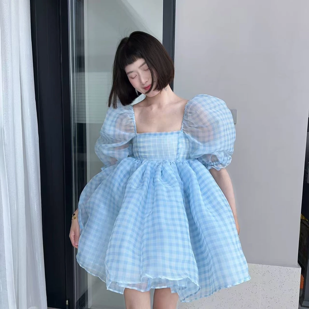 wyd小樱桃 【浅蓝格子】 三层欧根纱重工公主蓬蓬裙