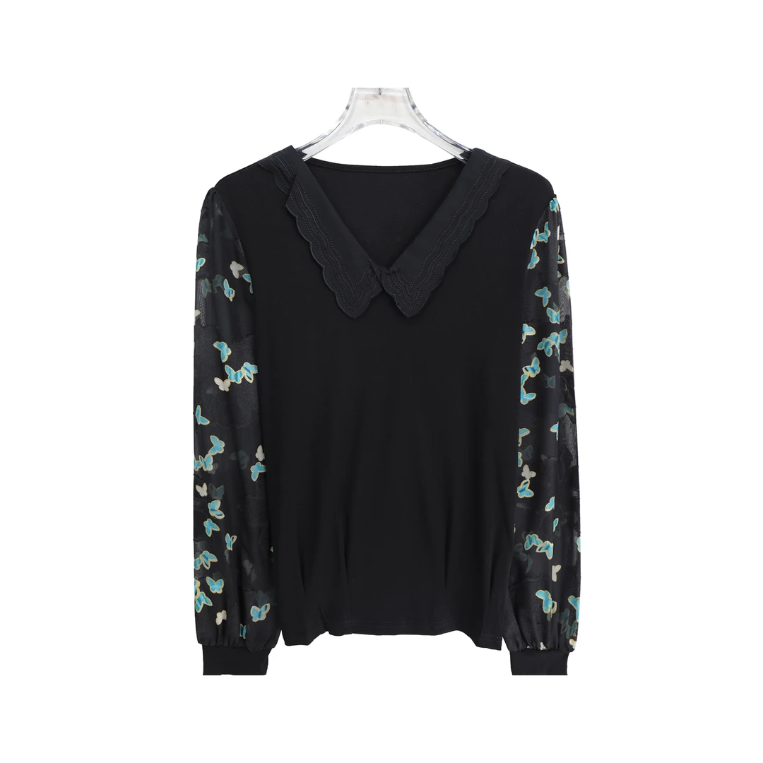 气质通勤印花宽松垂感拼接长袖洋气百搭T恤S3527