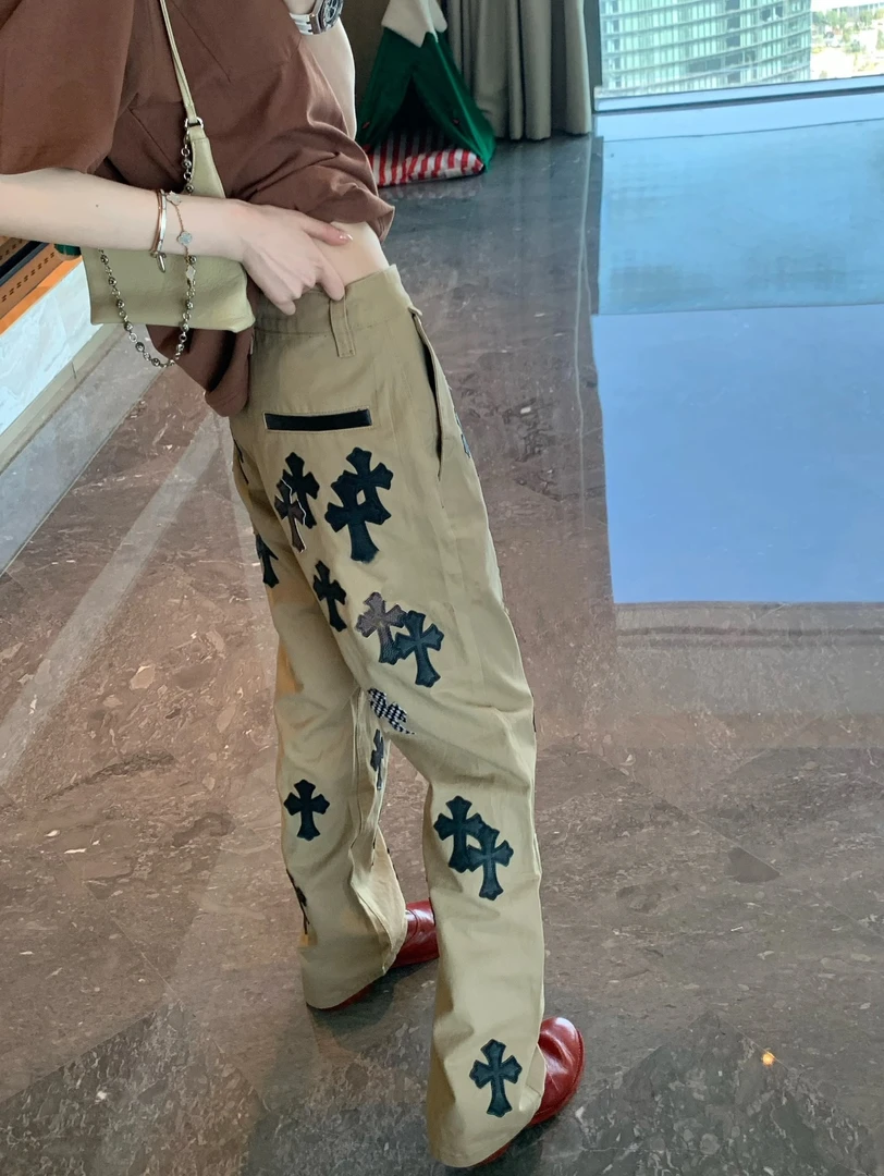 LuoXue美式复古卡其直筒裤贴皮棋盘格工装长裤