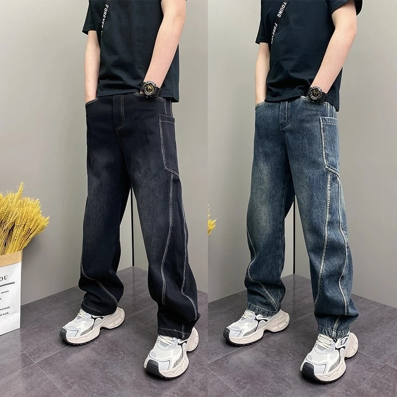 秋冬加绒加厚牛仔裤时尚简约宽松哈伦水洗裤男士休闲美式牛仔裤男