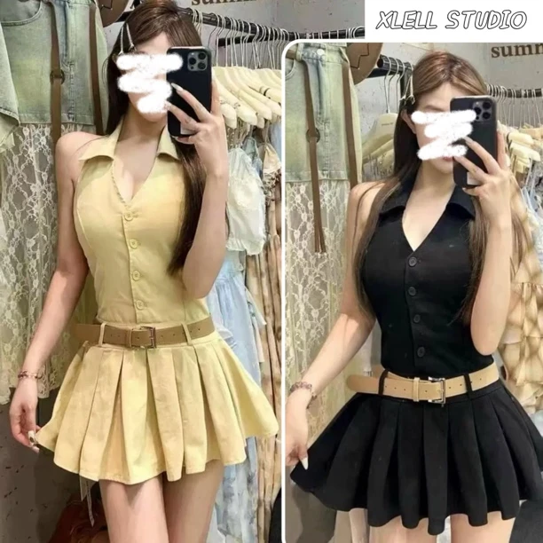 挂脖V领露背百褶连衣裙女2025夏季新款性感收腰显瘦露肩西装短裙