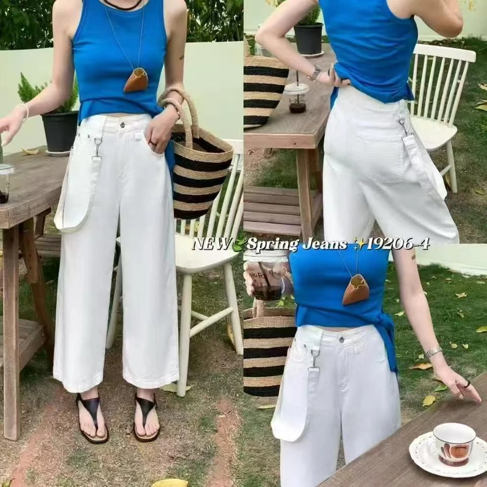 玲家精选12064款号白色九分牛仔直筒裤