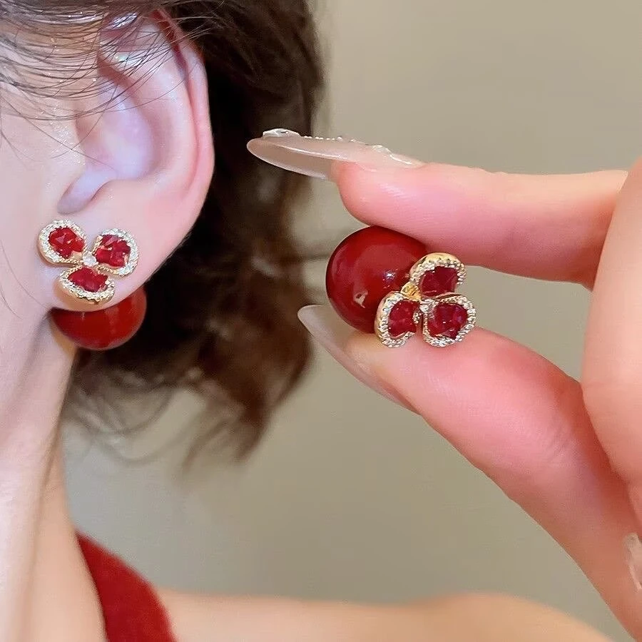 铜合金耳饰 S925银针一款多戴红色珍珠碎钻三叶花耳钉E-90