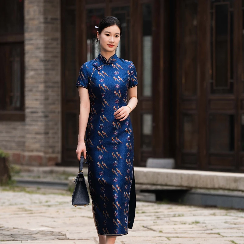 《五彩翟鸟》高端宋锦大宋皇后上肩袖传统旗袍130左右长旗袍