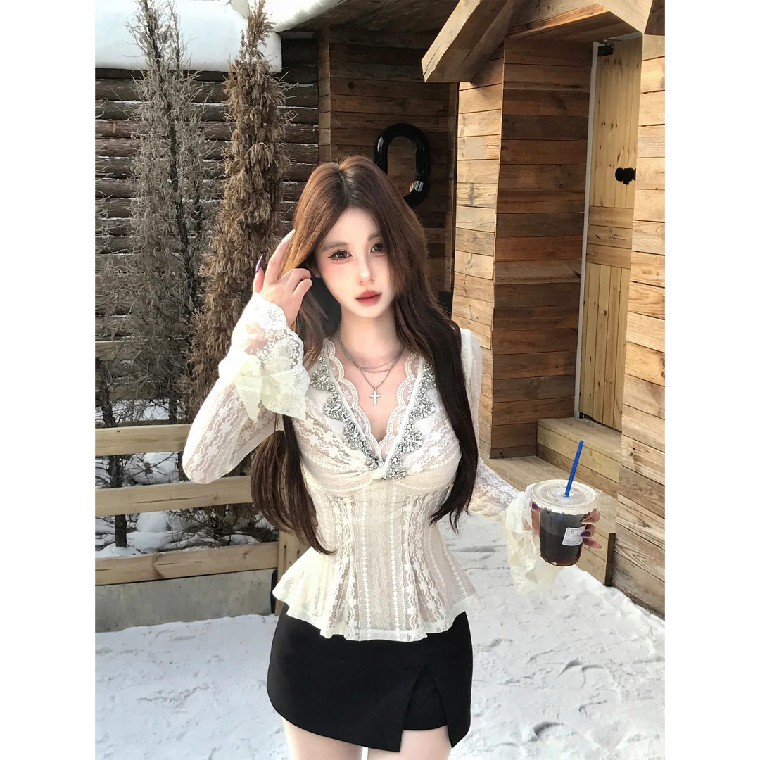 Mejiu蜜九【花袖絮蕾】显瘦纯欲修身法式设计感小众上衣