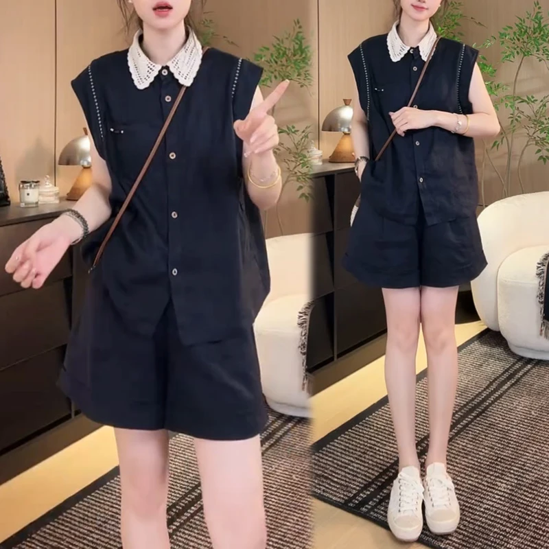 翻领马甲短袖高腰纯色短裤套装女2025年夏季新款时尚百搭两件套潮