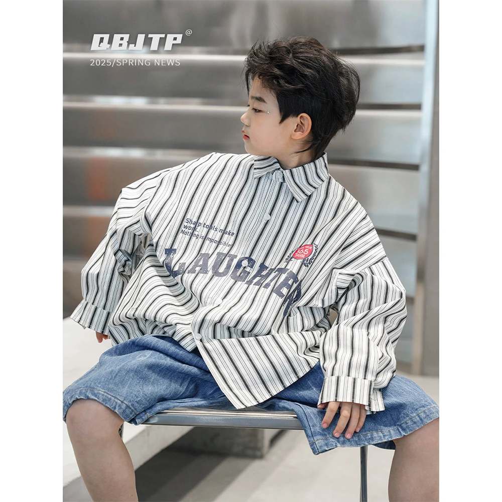 Q宝家童品2月新款 儿童日系长袖衬衫春装男童条纹衬衣中大童上衣