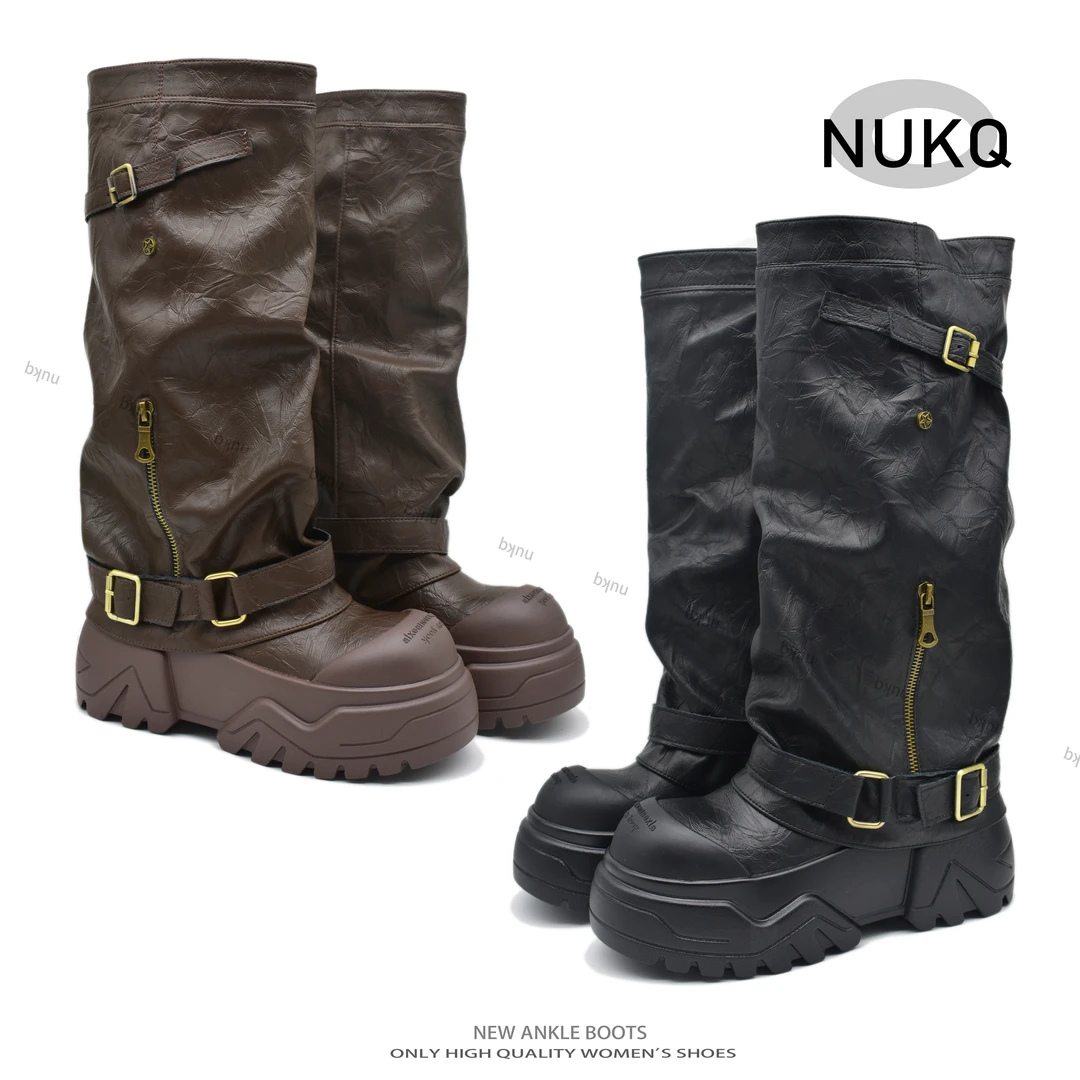 【NUKQ】女靴高筒靴黑色马丁靴中筒靴秋冬骑士时装靴长靴