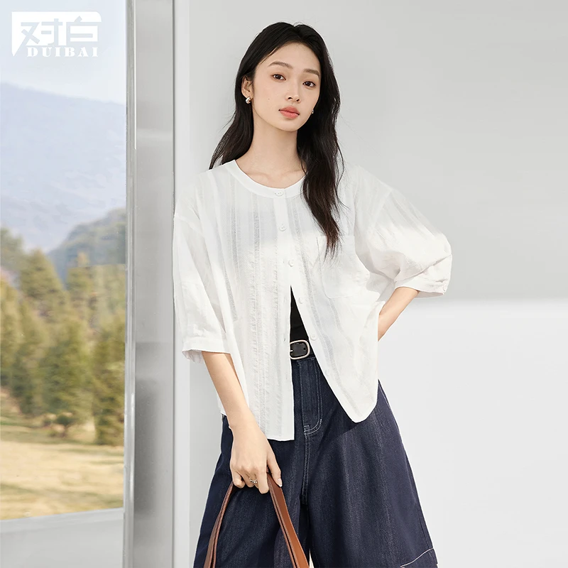 对白法式圆领七分袖白色衬衫女2025夏新款肌理感衬衣