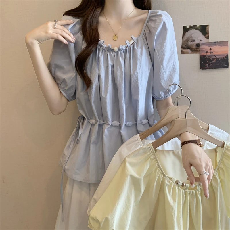 大码新款时尚甜美圆领串珠腰带收腰遮肉宽松显瘦百搭上衣