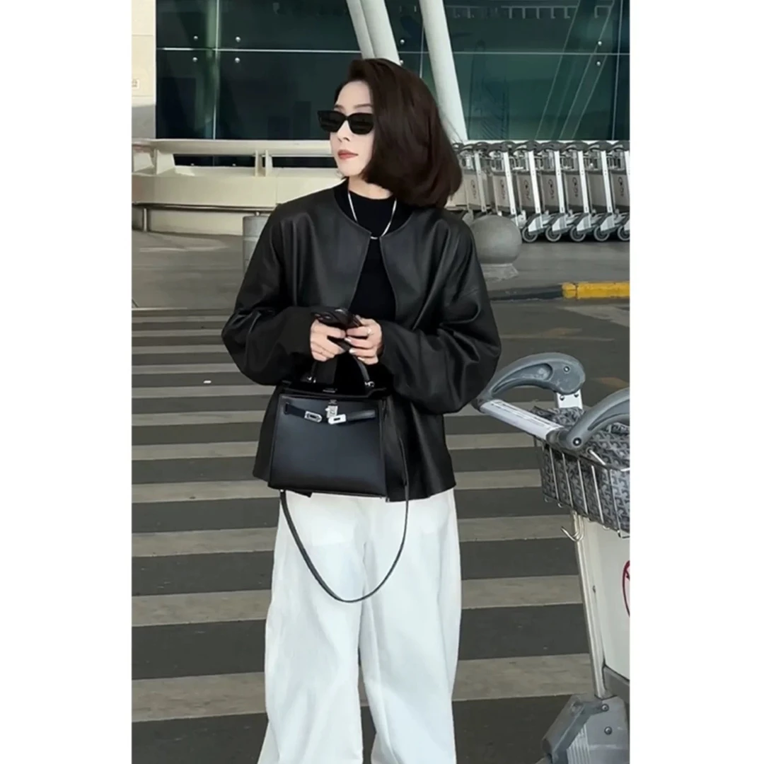 今年流行爆款高级感赫本风薄款黑色圆领机车皮衣夹克外套女2025春