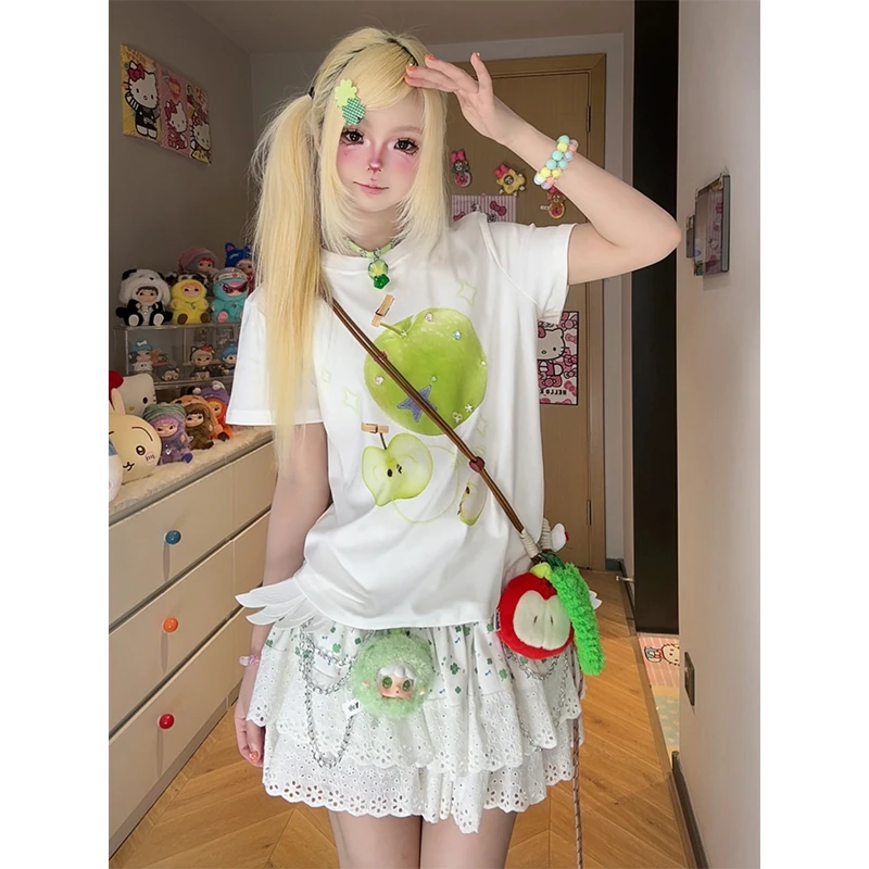 凛可爱 小众甜美青苹果圆领短袖上衣女夏季新款宽松百搭薄款t恤