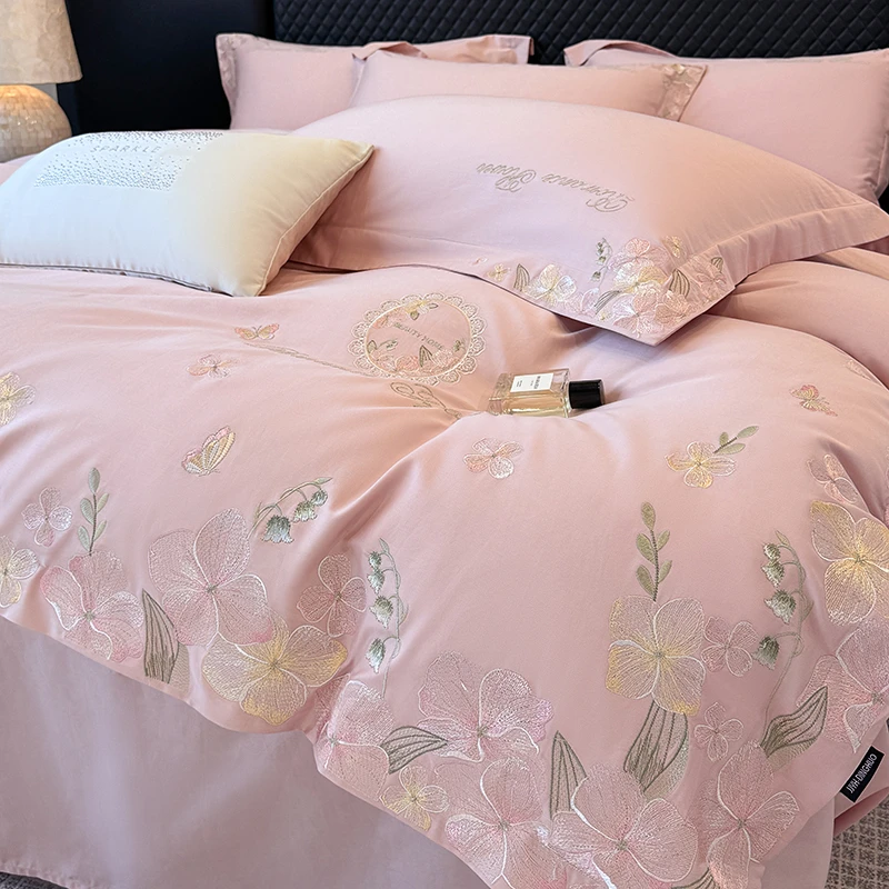 雅梵媞【蝴蝶兰】美拉德长绒棉绣花款四件套A类100%纯棉被套四件套