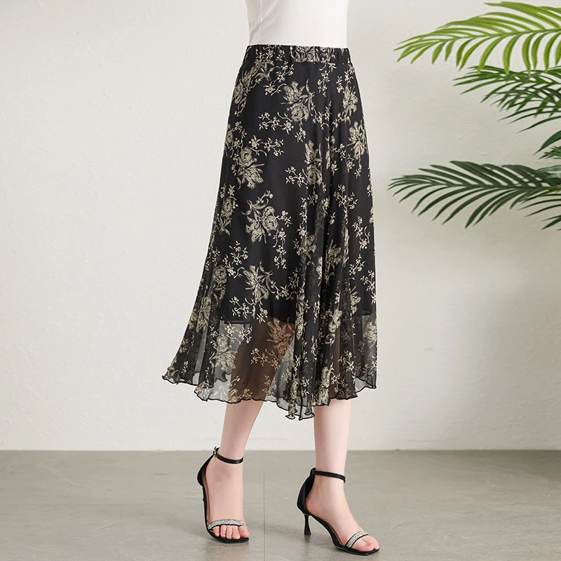 高级感松紧腰乔其印花真丝半身裙女2025新款夏桑蚕丝中长款a字裙