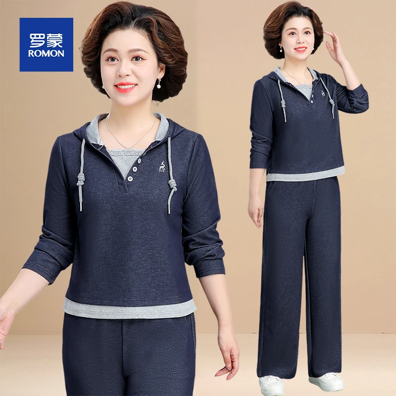 妈妈秋装套装2025新款中老年春秋连帽卫衣休闲减龄运动服两件套女