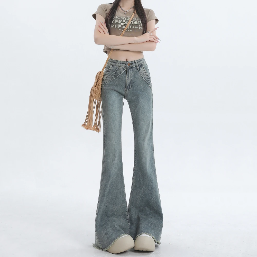 中腰牛仔裤梨形身材直筒阔腿裤微喇叭自然密语