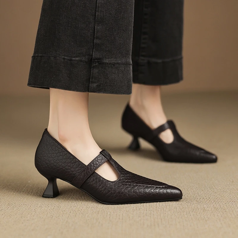 头层牛皮~法式复古真皮玛丽珍鞋女2025新款尖头细跟通勤中跟单鞋