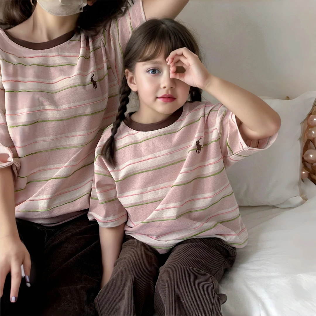 亲子装一家三口条纹ins日系夏季纯棉宽松百搭圆领韩版短袖T恤母女