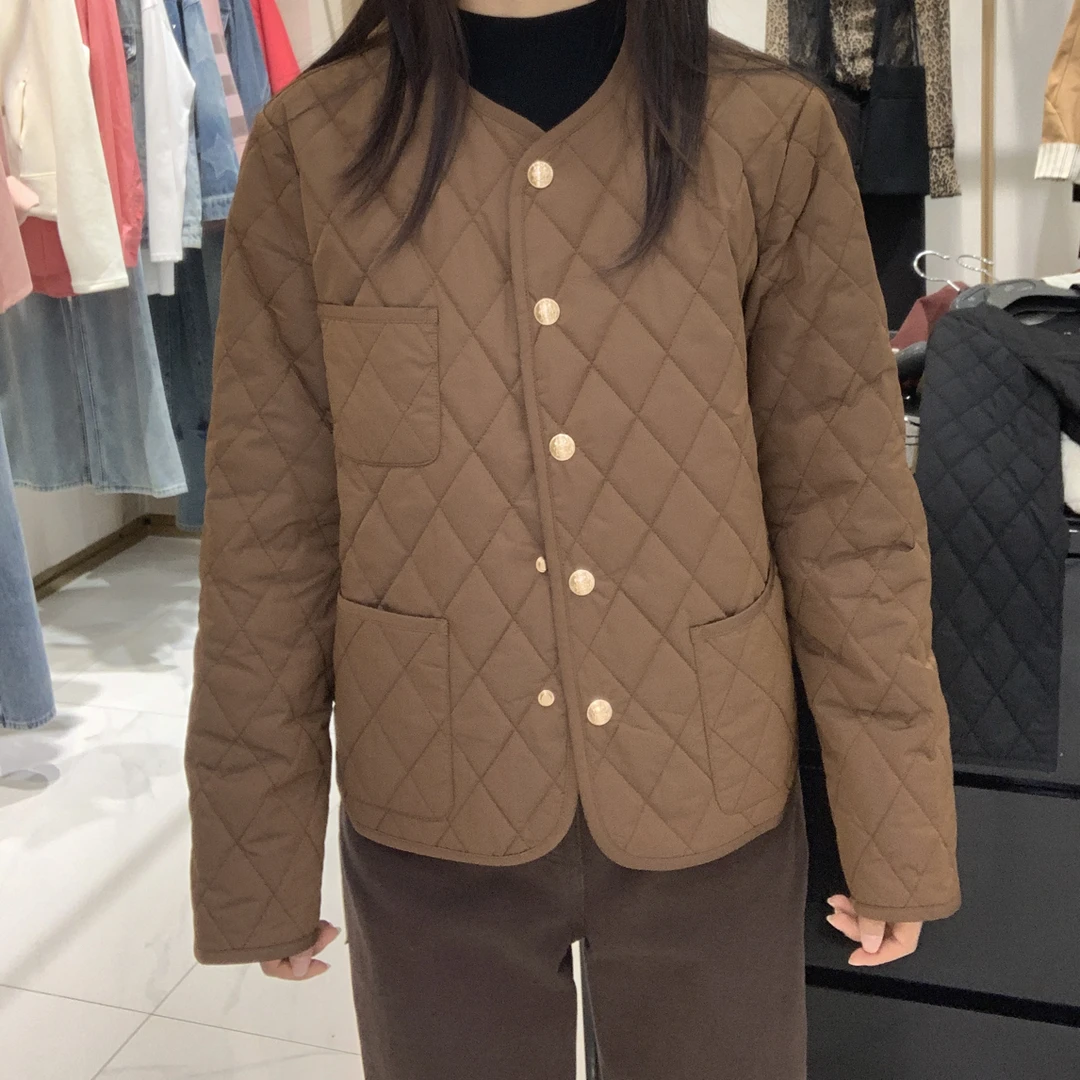 新款简约百搭圆领廓形菱格短款棉服外套女