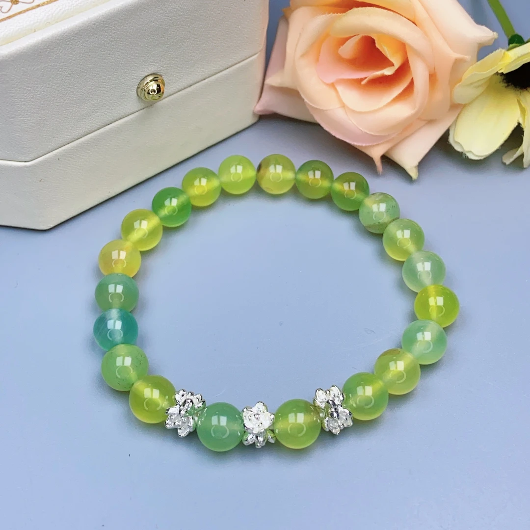 正品玛瑙玉髓手链苹果绿圆珠8mm精致简约百搭时尚女士手串F405