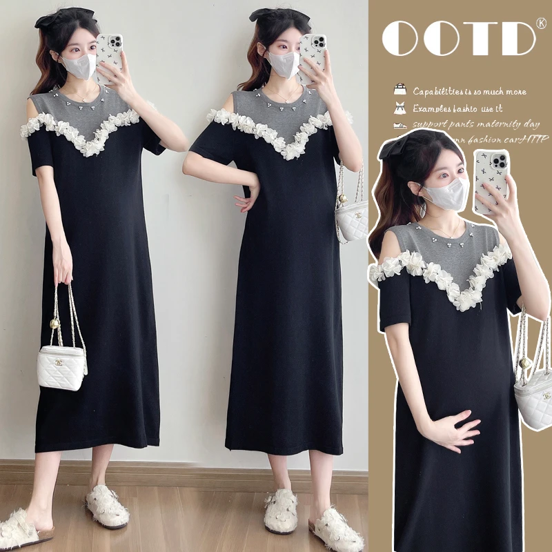 SuSu孕妇连衣裙夏季清凉宽松显瘦减龄设计感立体装饰露肩连衣裙