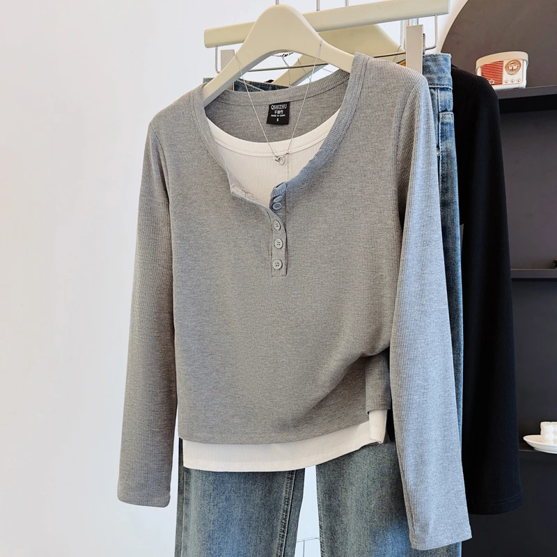 9071#灰色假两件女长袖t恤2025秋冬季新款宽松减龄内搭打底衫上衣