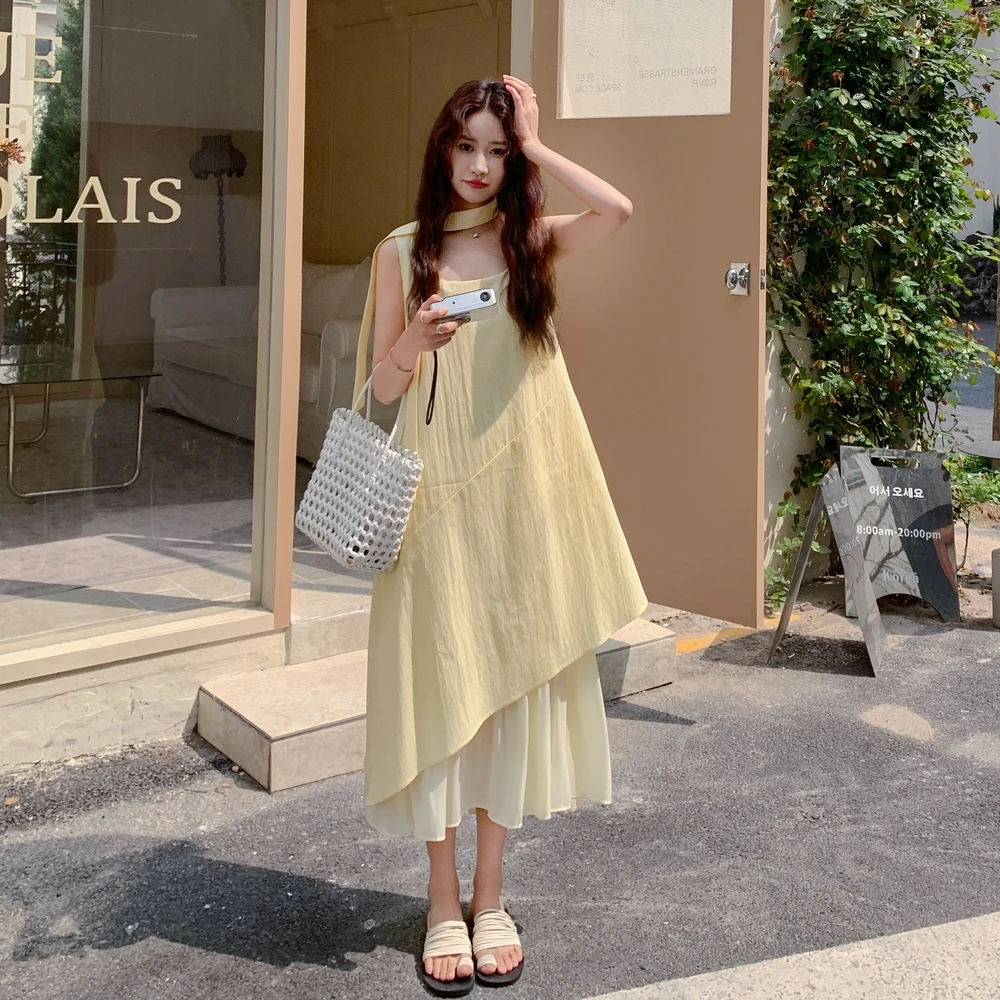 黄色不规则假两件吊带连衣裙2025新款女春夏超火减龄小个子鱼尾裙