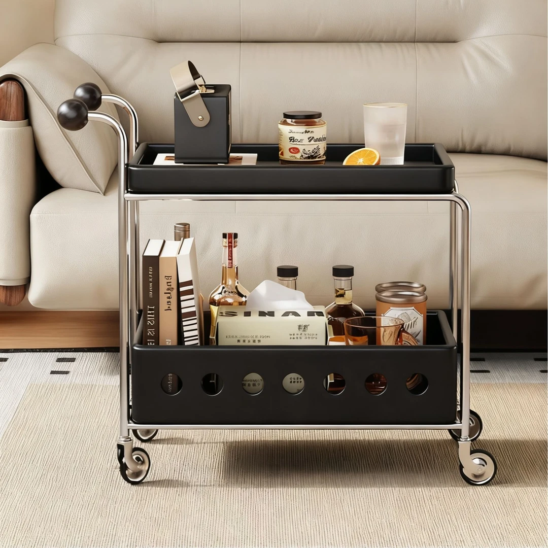 复古法式黑色推车客厅小户型收纳架可移动实木茶几边几储物架