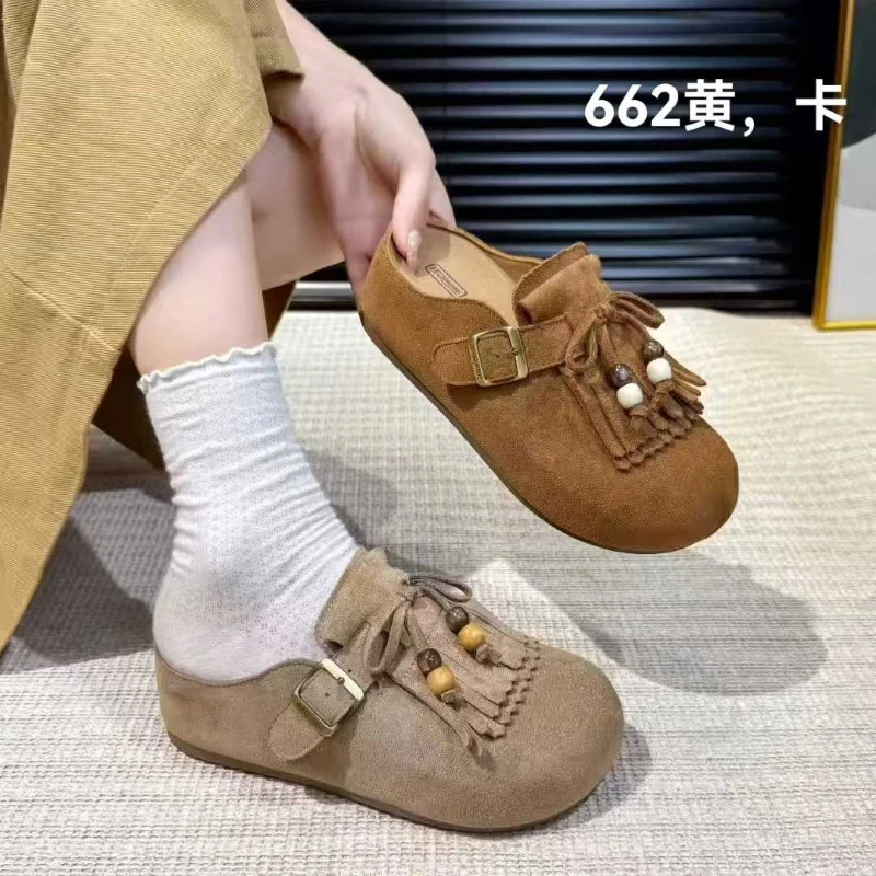 662 胶粘鞋平底舒适流苏平跟包头拖秋季韩版圆头英伦冬季