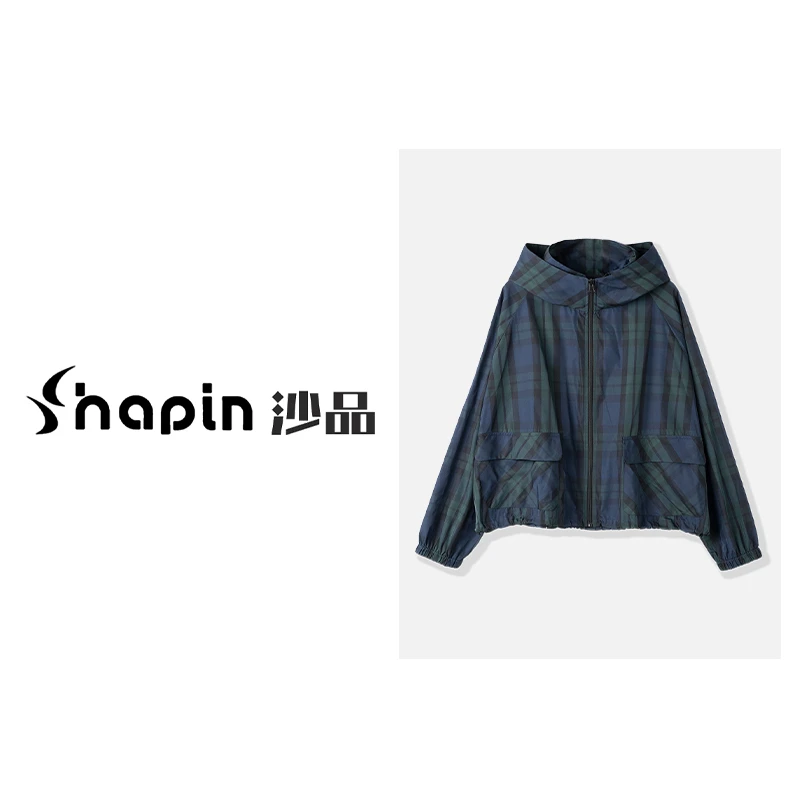 时尚休闲格纹短款连帽外套百搭拉链长袖气质短风衣女FMD351631