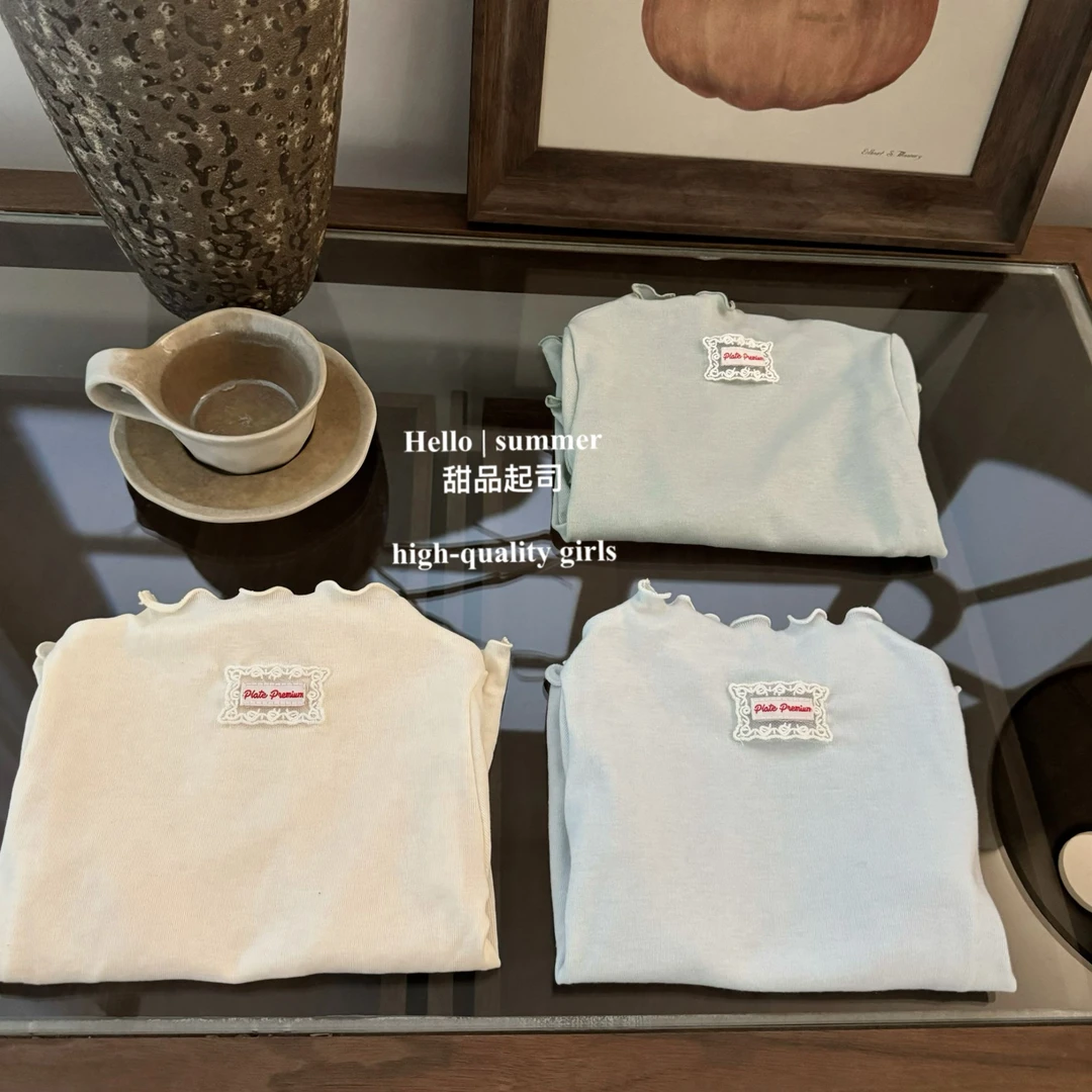 【甜品起司】超软糯！韩系女宝宝春季洋气木耳边T恤花边甜美打底衫