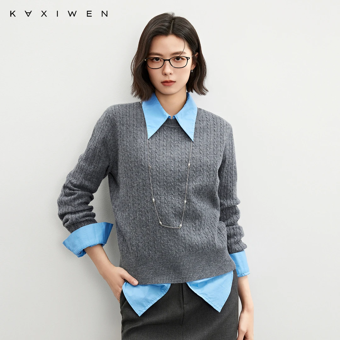 佧茜文慵懒百搭气质针织衫【春秋】复古绞花灰色毛衣女D12BZW5522