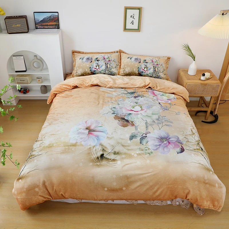 云毯绒黄色牡丹花加绒加厚床盖枕套被套柔软舒适亲肤床品双层