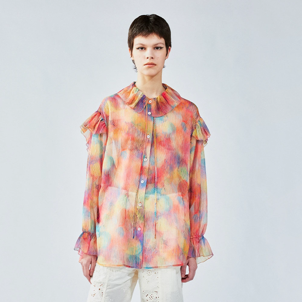 UOOYAA/乌丫2025夏款「要有光」梦幻光影荷叶领衬衫UY25282C154144