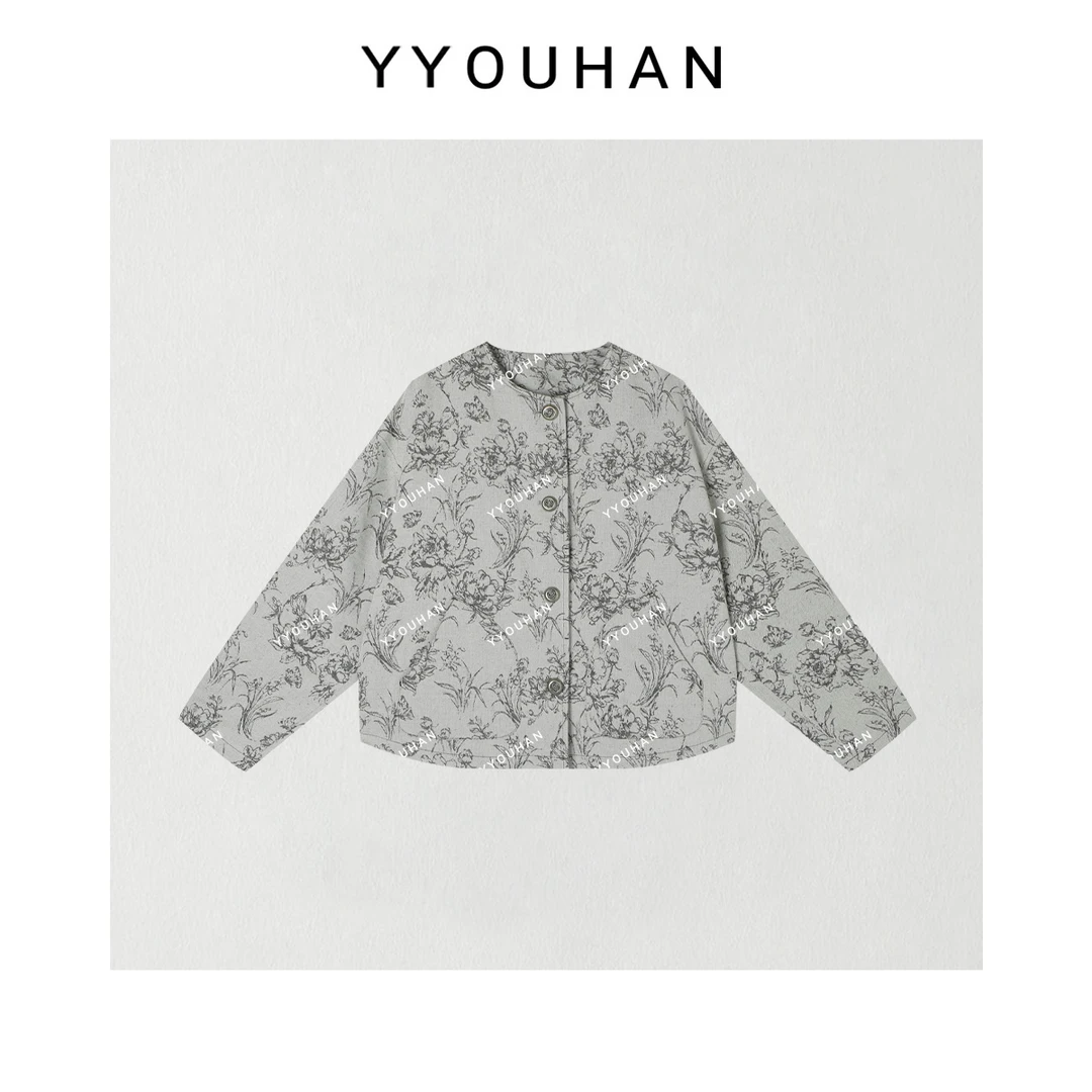 月月不吃鱼2025春款复古设计感百搭水墨刺绣圆领外套 2502C722