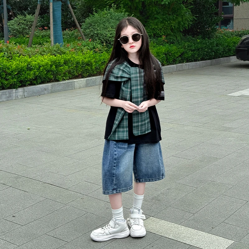 女童夏装2025新款韩版松弛感穿搭慵懒风休闲T恤披肩牛仔短裤套装